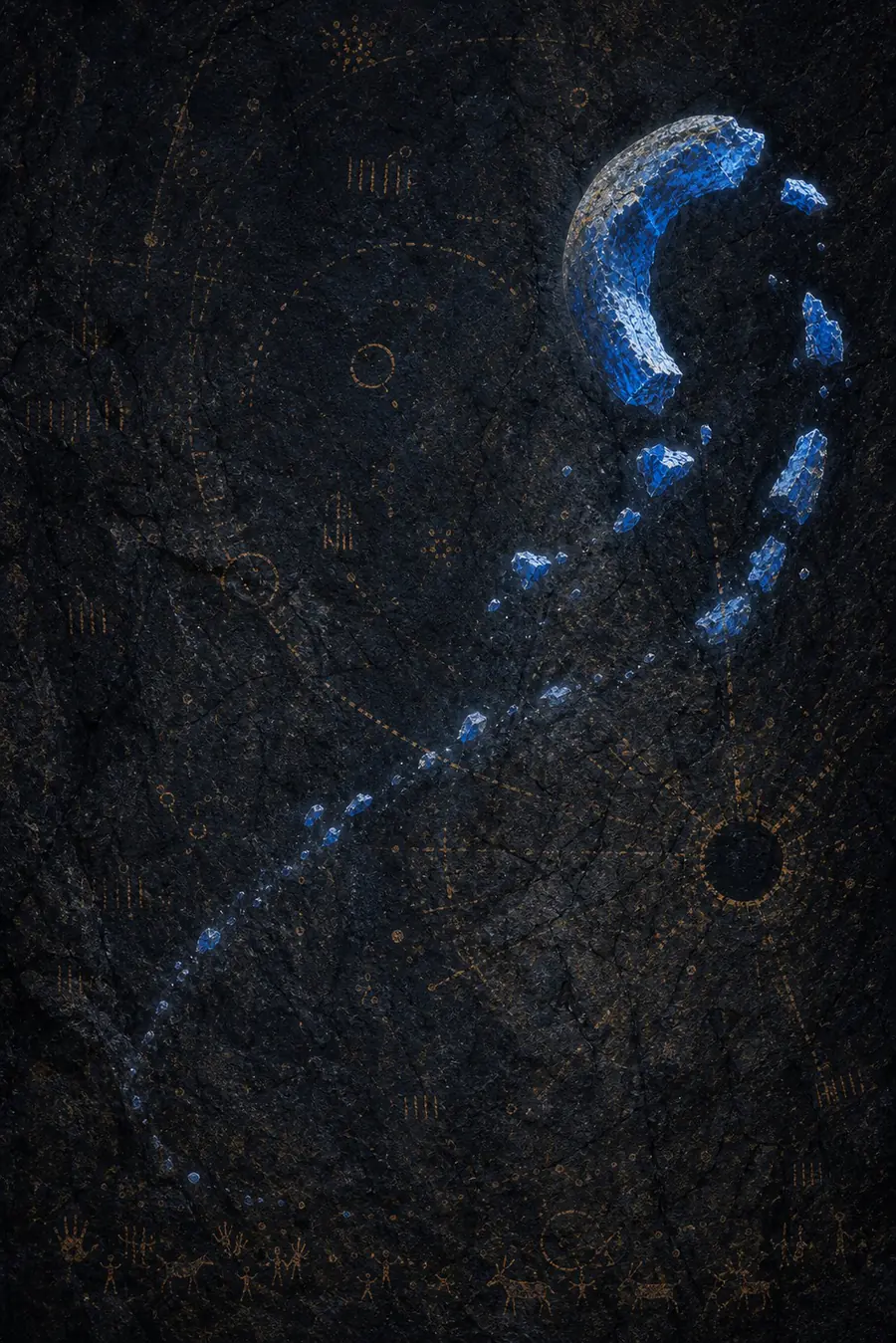 刻線と点列のそばで不規則に破砕された青白い天体