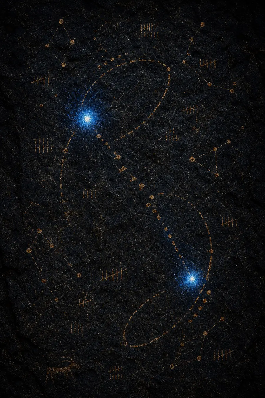 二つの青白い星が不完全な楕円軌道をたどる連星系の岩壁記録